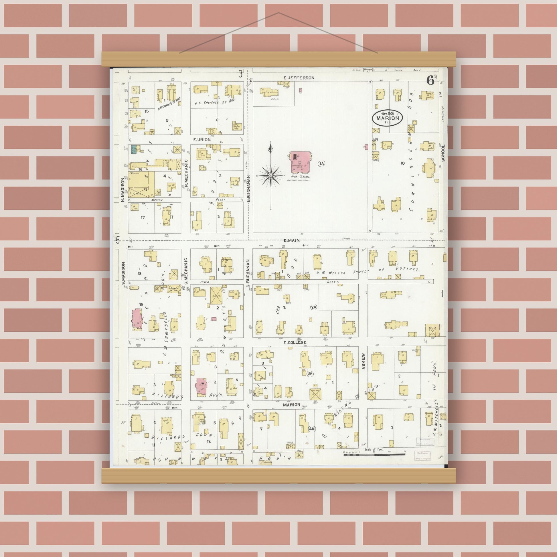 Old map wall art mockup — magnetic wood frame on brick wall — Sanborn Fire Insurance Map from Marion, Williamson County, Illinois (1906), Sheet #0006