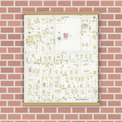 Old map wall art mockup — magnetic wood frame on brick wall — Sanborn Fire Insurance Map from Marion, Williamson County, Illinois (1906), Sheet #0006