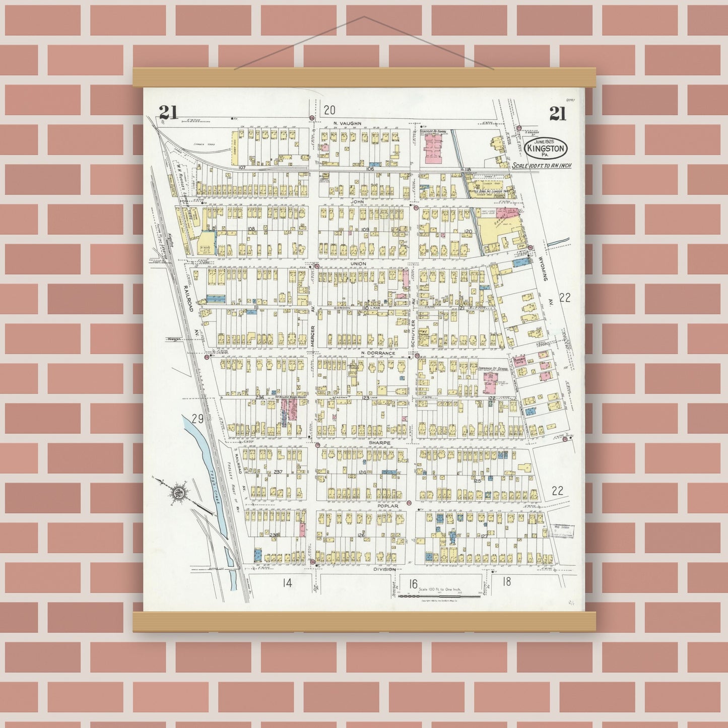 Old map wall art mockup — magnetic wood frame on brick wall — Sanborn Fire Insurance Map from Kingston, Luzerne County, Pennsylvania (1925), Sheet #0021