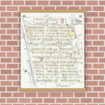 Old map wall art mockup — magnetic wood frame on brick wall — Sanborn Fire Insurance Map from Kingston, Luzerne County, Pennsylvania (1925), Sheet #0021