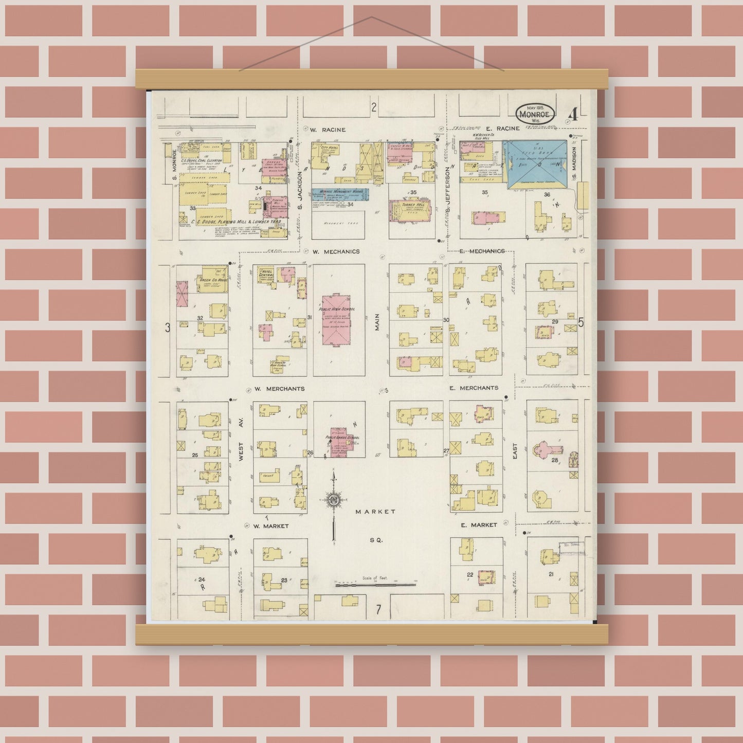 Old map wall art mockup — magnetic wood frame on brick wall — Sanborn Fire Insurance Map from Monroe, Green County, Wisconsin (1915), Sheet #0004