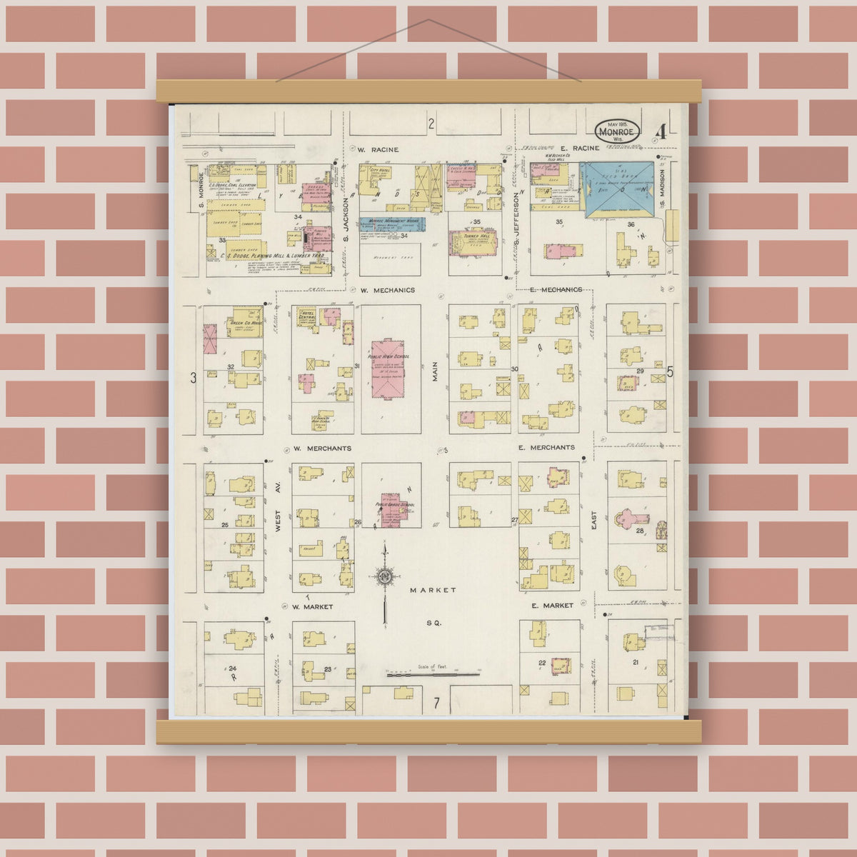 Old map wall art mockup — magnetic wood frame on brick wall — Sanborn Fire Insurance Map from Monroe, Green County, Wisconsin (1915), Sheet #0004