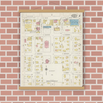 Old map wall art mockup — magnetic wood frame on brick wall — Sanborn Fire Insurance Map from Monroe, Green County, Wisconsin (1915), Sheet #0004