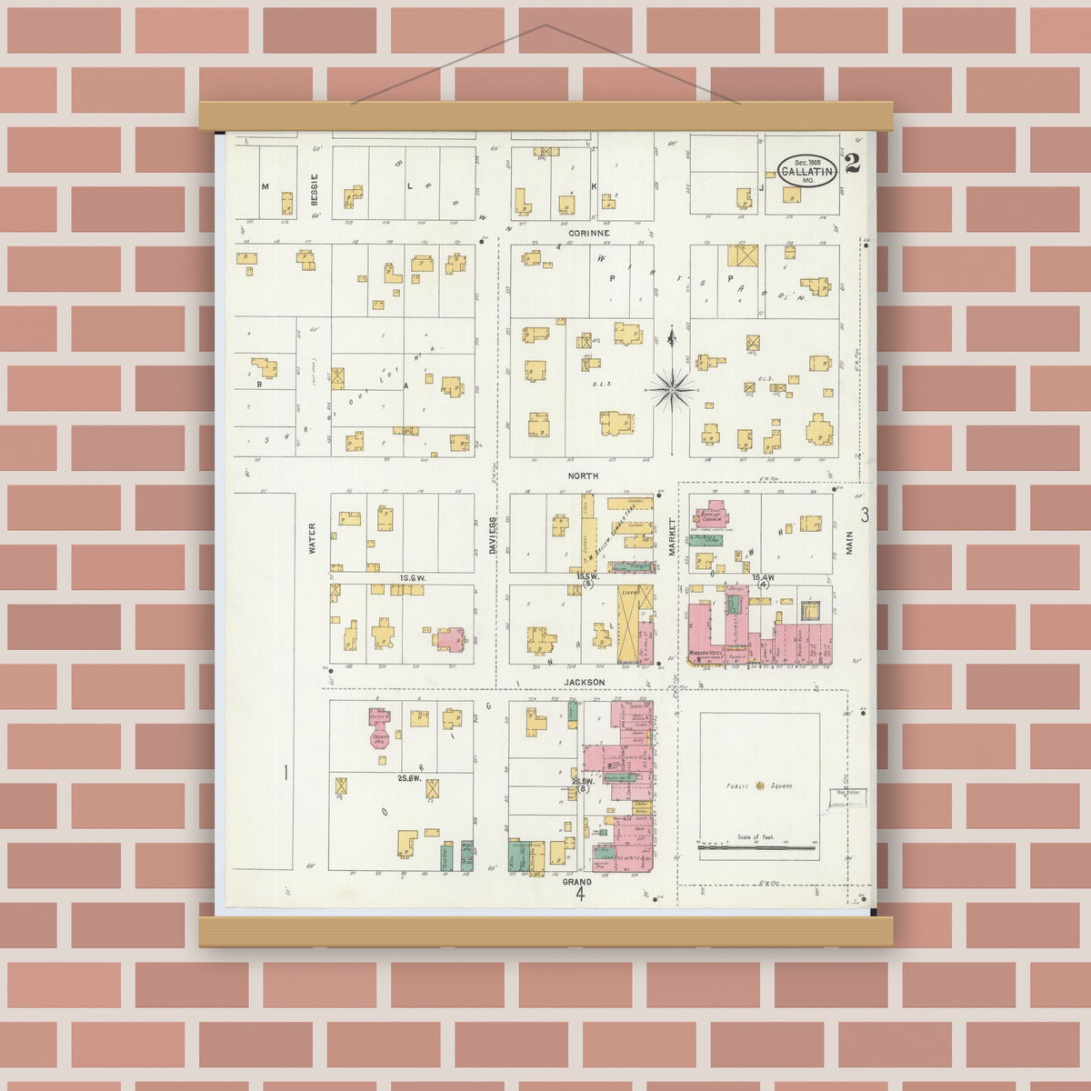 Old map wall art mockup — magnetic wood frame on brick wall — Sanborn Fire Insurance Map from Gallatin, Daviess County, Missouri (1905), Sheet #0002