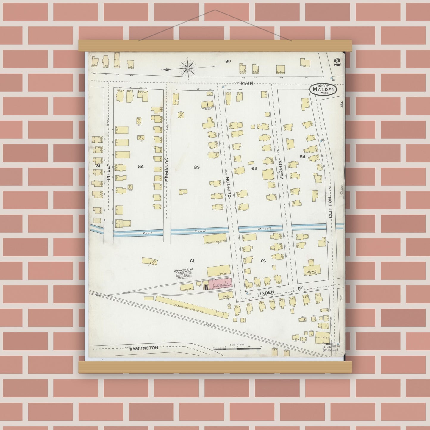 Old map wall art mockup — magnetic wood frame on brick wall — Sanborn Fire Insurance Map from Malden, Middlesex County, Massachusetts (1892), Sheet #0002