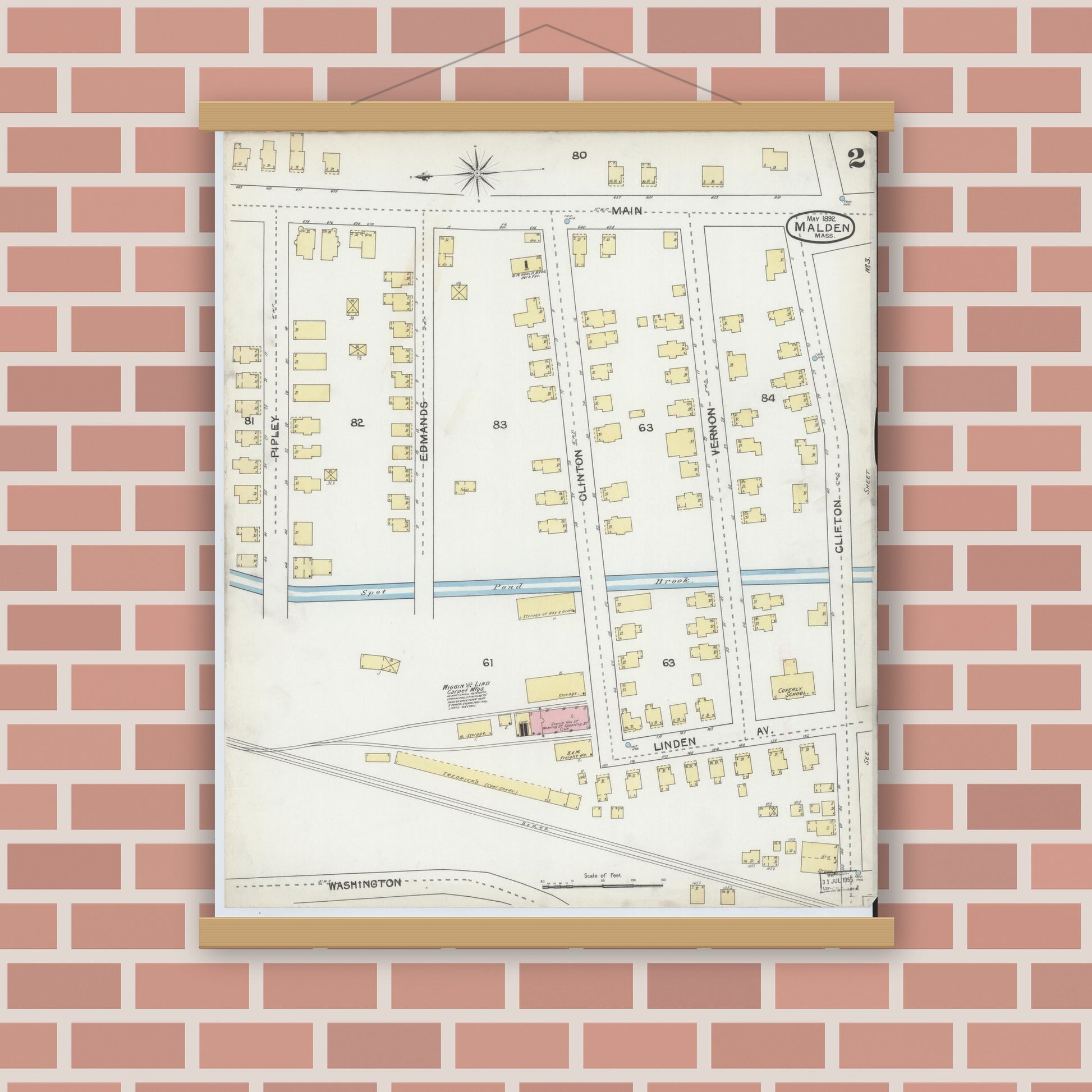 Old map wall art mockup — magnetic wood frame on brick wall — Sanborn Fire Insurance Map from Malden, Middlesex County, Massachusetts (1892), Sheet #0002