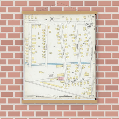 Old map wall art mockup — magnetic wood frame on brick wall — Sanborn Fire Insurance Map from Malden, Middlesex County, Massachusetts (1892), Sheet #0002