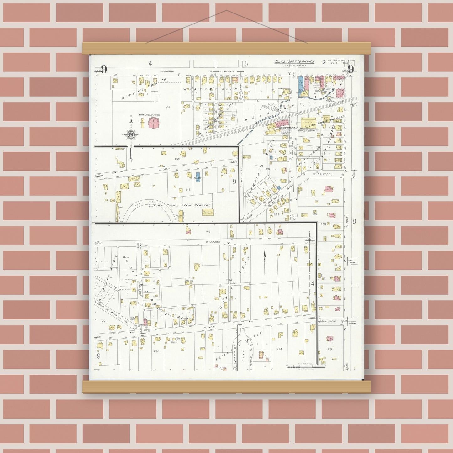 Old map wall art mockup — magnetic wood frame on brick wall — Sanborn Fire Insurance Map from Wilmington, Clinton County, Ohio (1933), Sheet #0009
