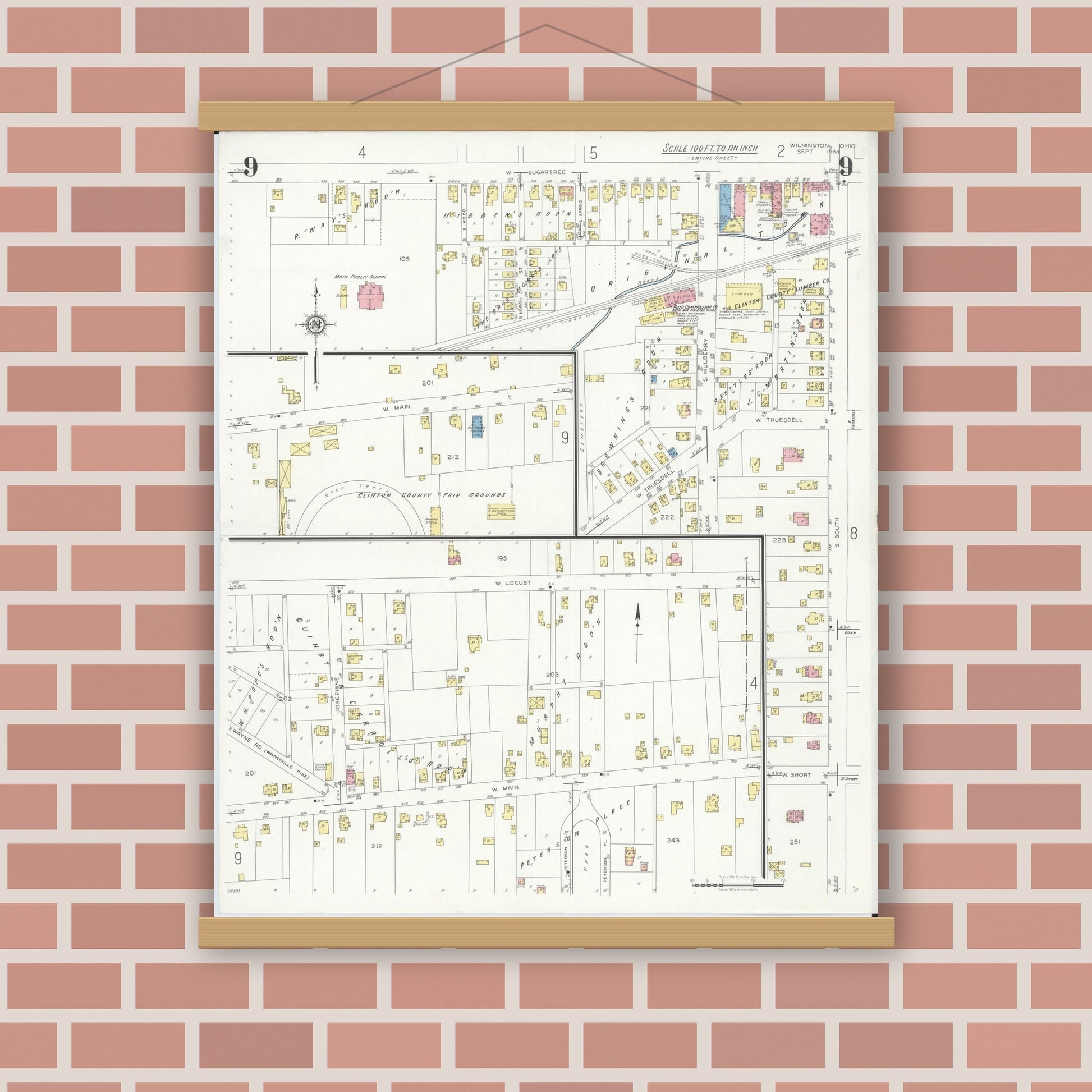 Old map wall art mockup — magnetic wood frame on brick wall — Sanborn Fire Insurance Map from Wilmington, Clinton County, Ohio (1933), Sheet #0009