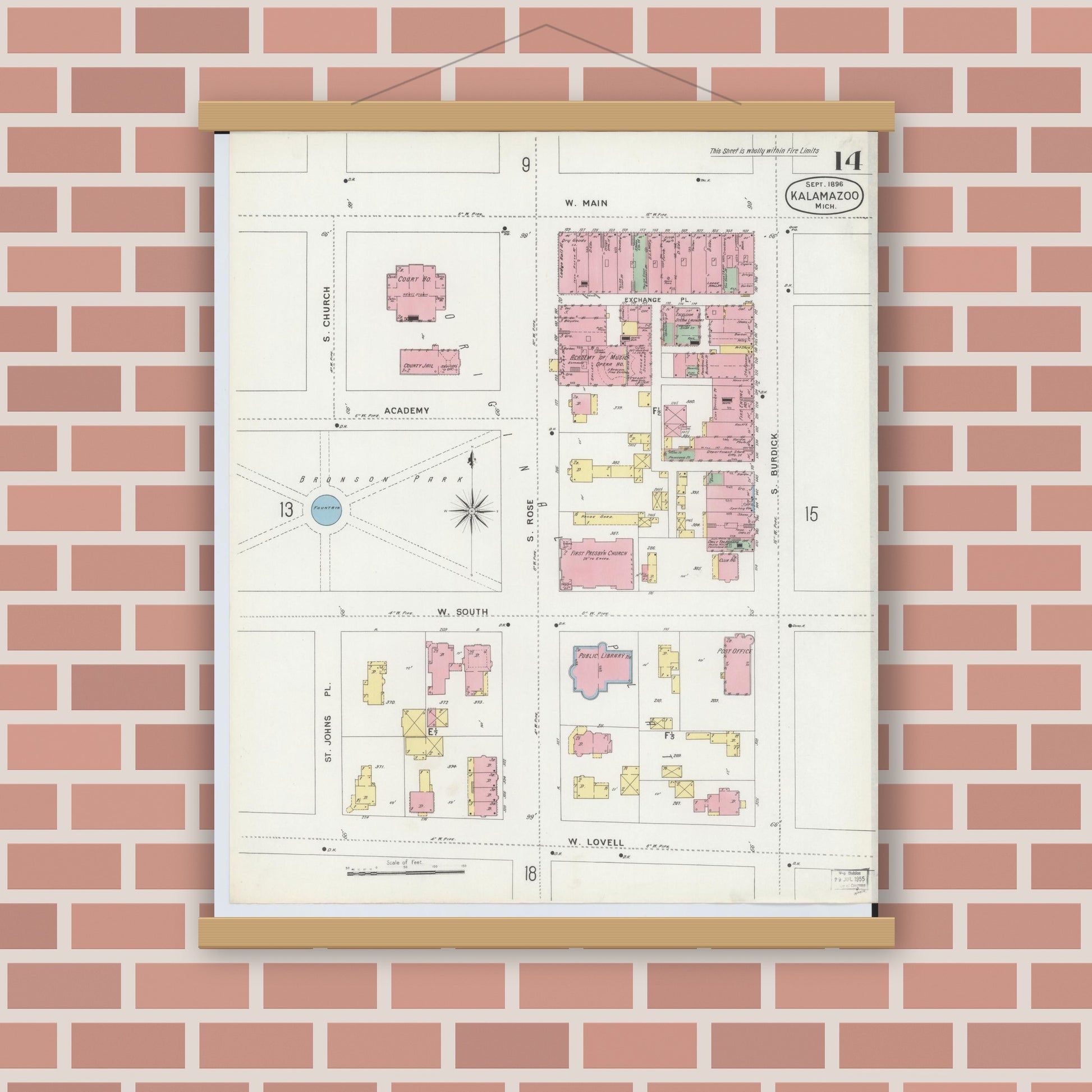 Old map wall art mockup — magnetic wood frame on brick wall — Sanborn Fire Insurance Map from Kalamazoo, Kalamazoo County, Michigan (1896), Sheet #0014