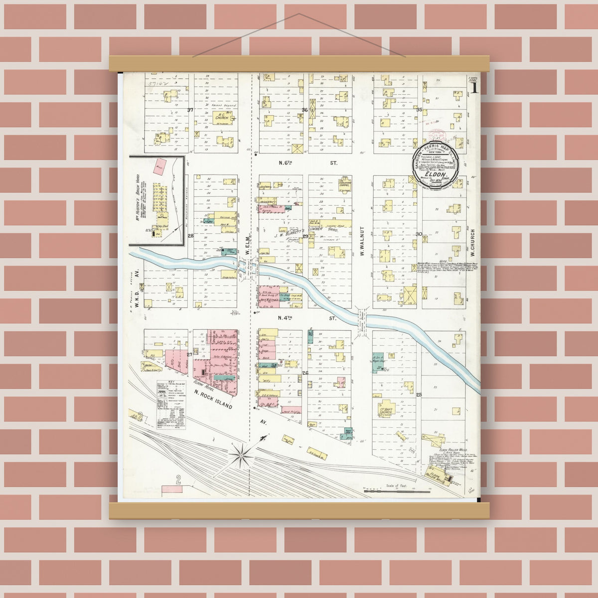 Old map wall art mockup — magnetic wood frame on brick wall — Sanborn Fire Insurance Map from Eldon, Wapello County, Iowa (1895) â€” Complete Set