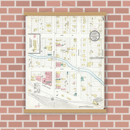 Old map wall art mockup — magnetic wood frame on brick wall — Sanborn Fire Insurance Map from Eldon, Wapello County, Iowa (1895) â€” Complete Set