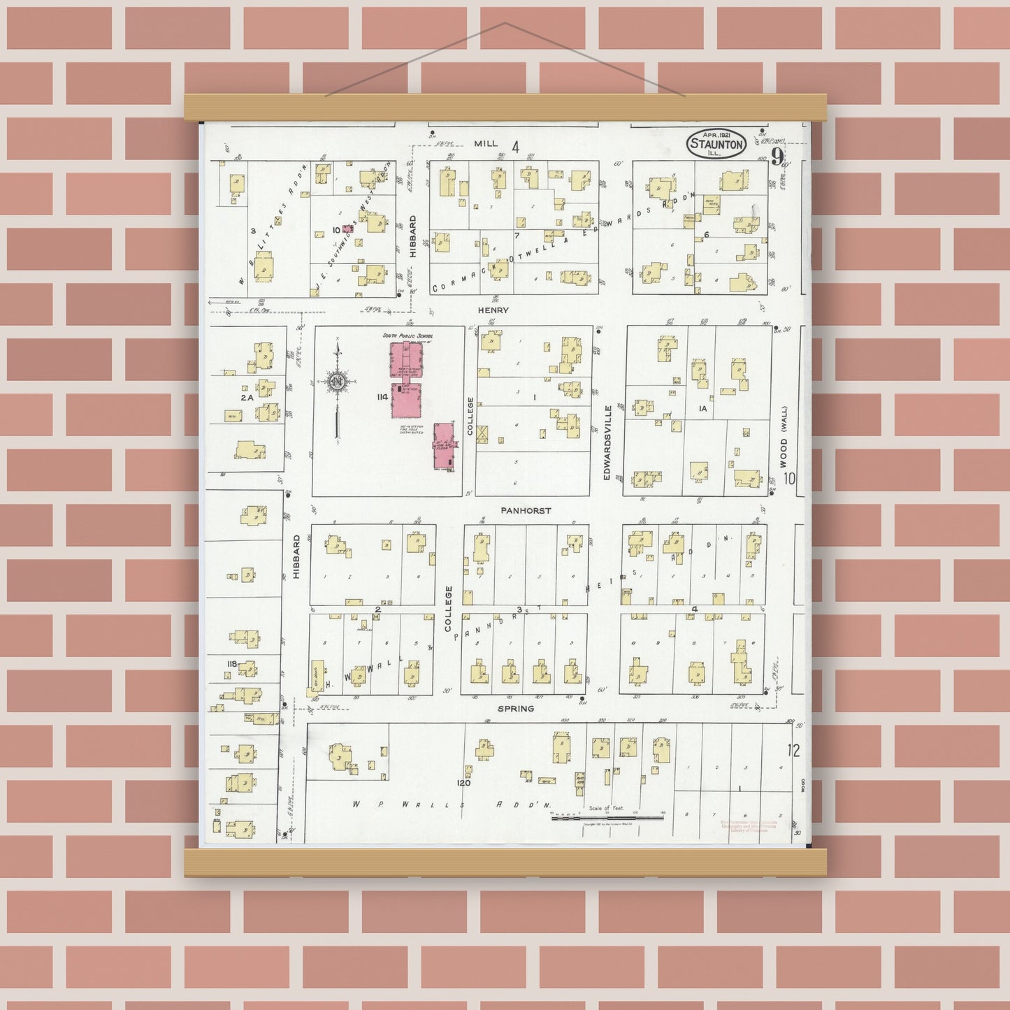 Old map wall art mockup — magnetic wood frame on brick wall — Sanborn Fire Insurance Map from Staunton, Macoupin County, Illinois (1921), Sheet #0009
