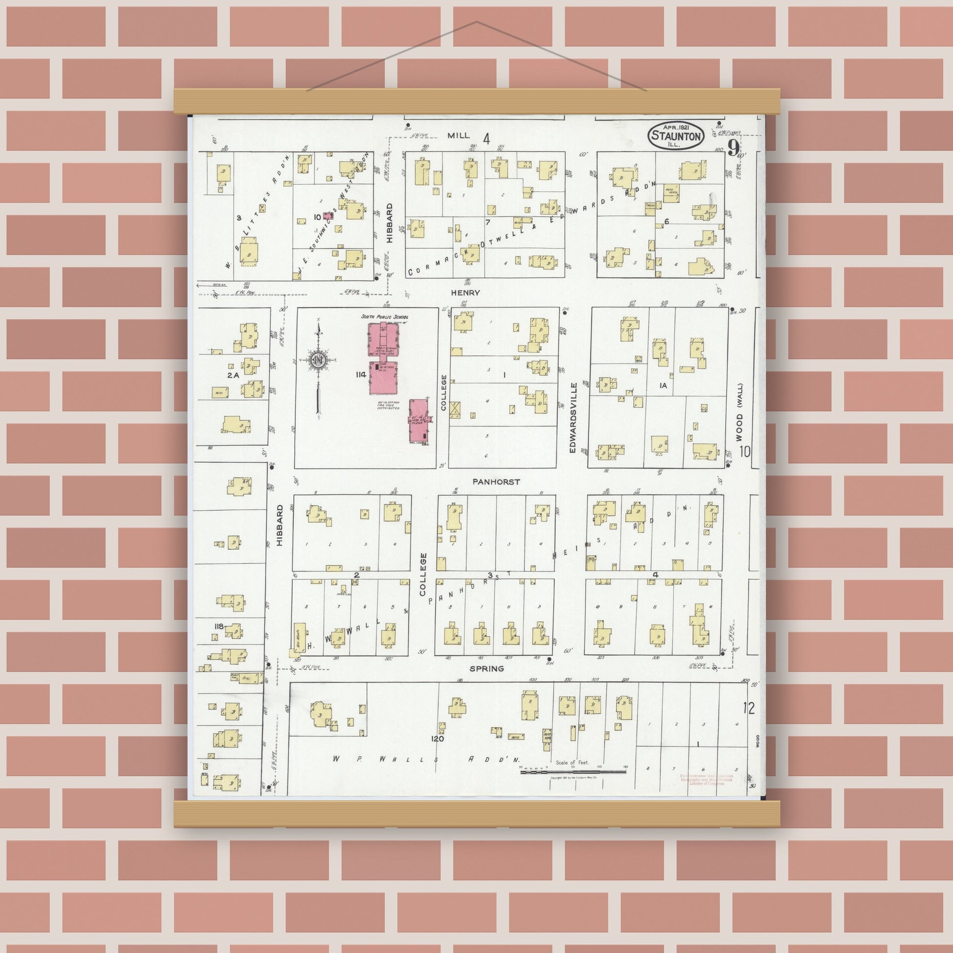 Old map wall art mockup — magnetic wood frame on brick wall — Sanborn Fire Insurance Map from Staunton, Macoupin County, Illinois (1921), Sheet #0009