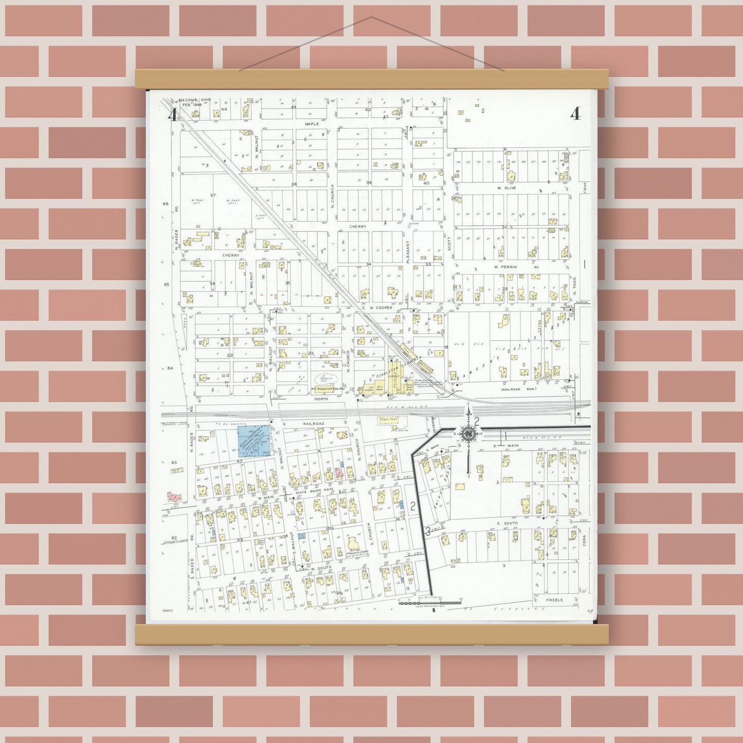 Old map wall art mockup — magnetic wood frame on brick wall — Sanborn Fire Insurance Map from McComb, Hancock County, Ohio (1946), Sheet #0004