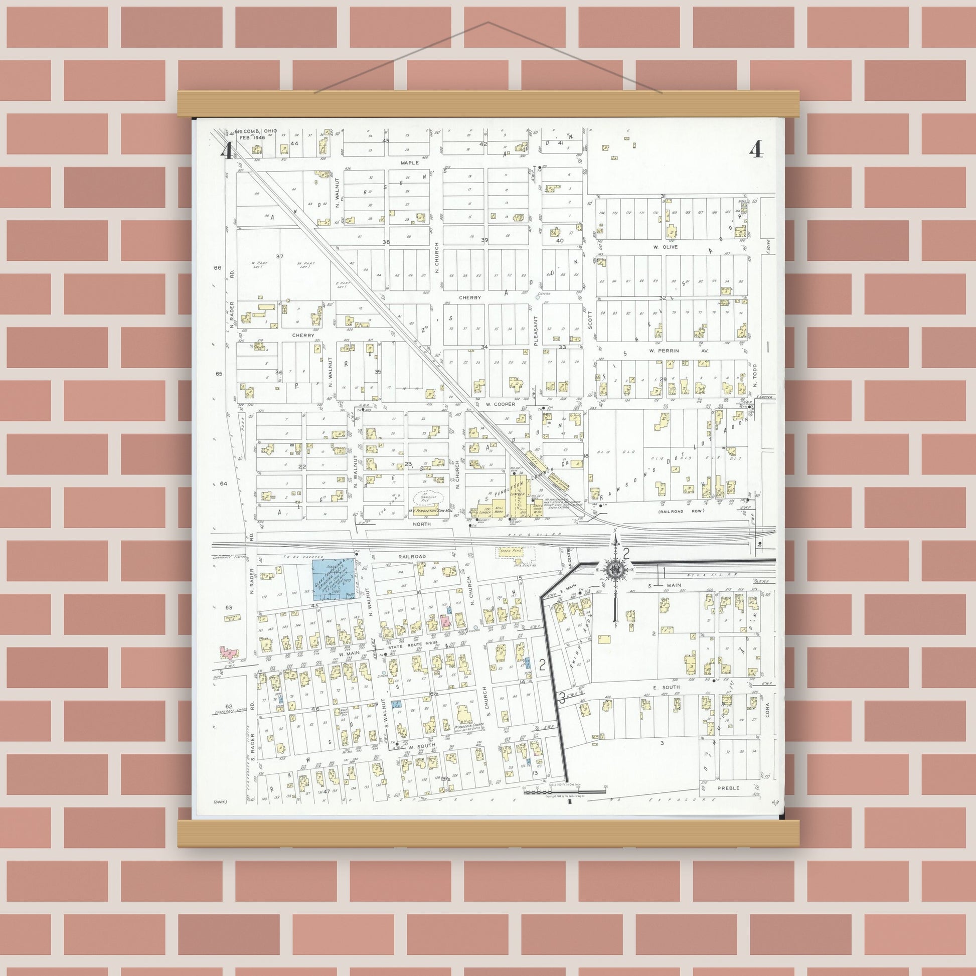 Old map wall art mockup — magnetic wood frame on brick wall — Sanborn Fire Insurance Map from McComb, Hancock County, Ohio (1946), Sheet #0004