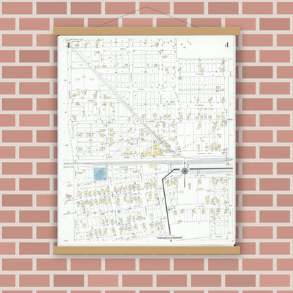 Old map wall art mockup — magnetic wood frame on brick wall — Sanborn Fire Insurance Map from McComb, Hancock County, Ohio (1946), Sheet #0004
