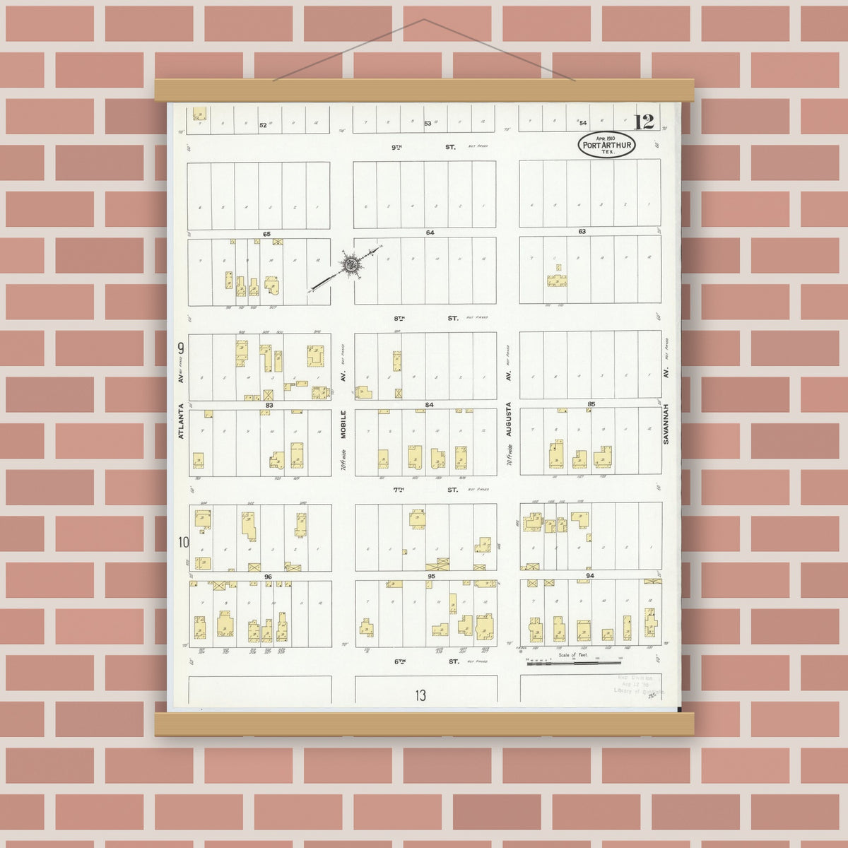 Old map wall art mockup — magnetic wood frame on brick wall — Sanborn Fire Insurance Map from Port Arthur, Jefferson County, Texas (1910), Sheet #0012