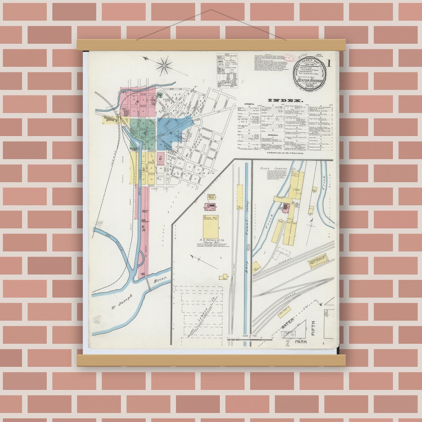 Old map wall art mockup — magnetic wood frame on brick wall — Sanborn Fire Insurance Map from Benton Harbor, Berrien County, Michigan (1892), Sheet #0001
