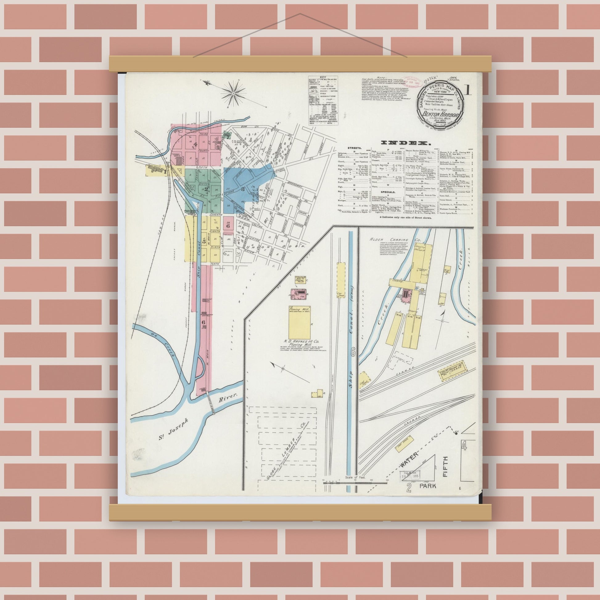 Old map wall art mockup — magnetic wood frame on brick wall — Sanborn Fire Insurance Map from Benton Harbor, Berrien County, Michigan (1892), Sheet #0001