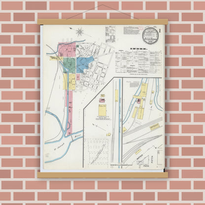 Old map wall art mockup — magnetic wood frame on brick wall — Sanborn Fire Insurance Map from Benton Harbor, Berrien County, Michigan (1892), Sheet #0001