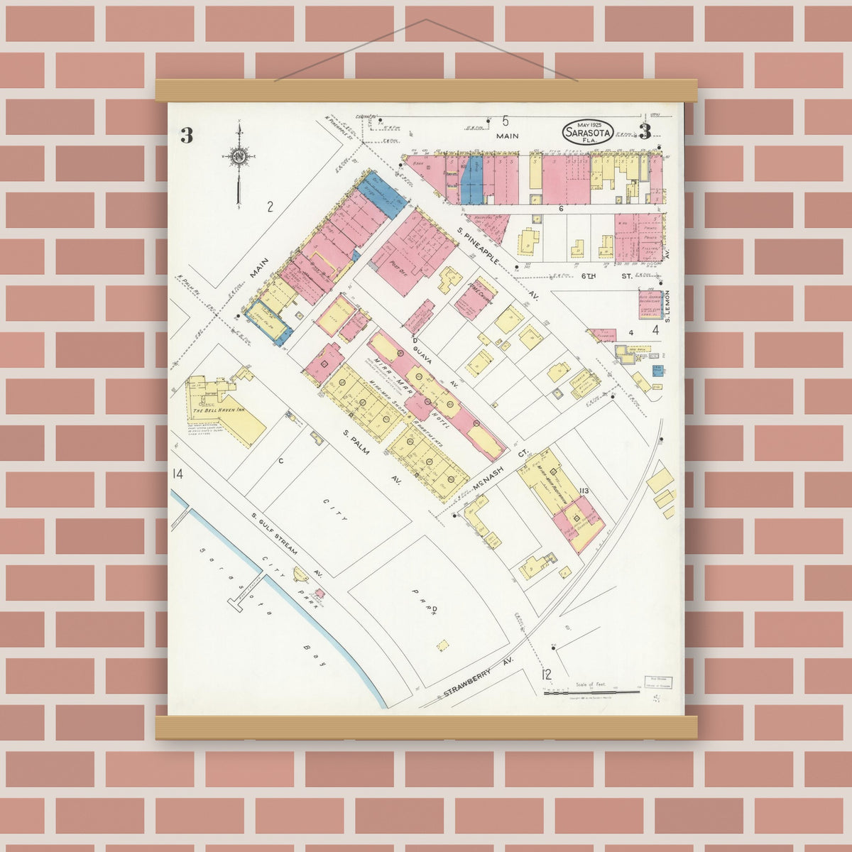 Old map wall art mockup — magnetic wood frame on brick wall — Sanborn Fire Insurance Map from Sarasota, Sarasota County, Florida (1925), Sheet #0003