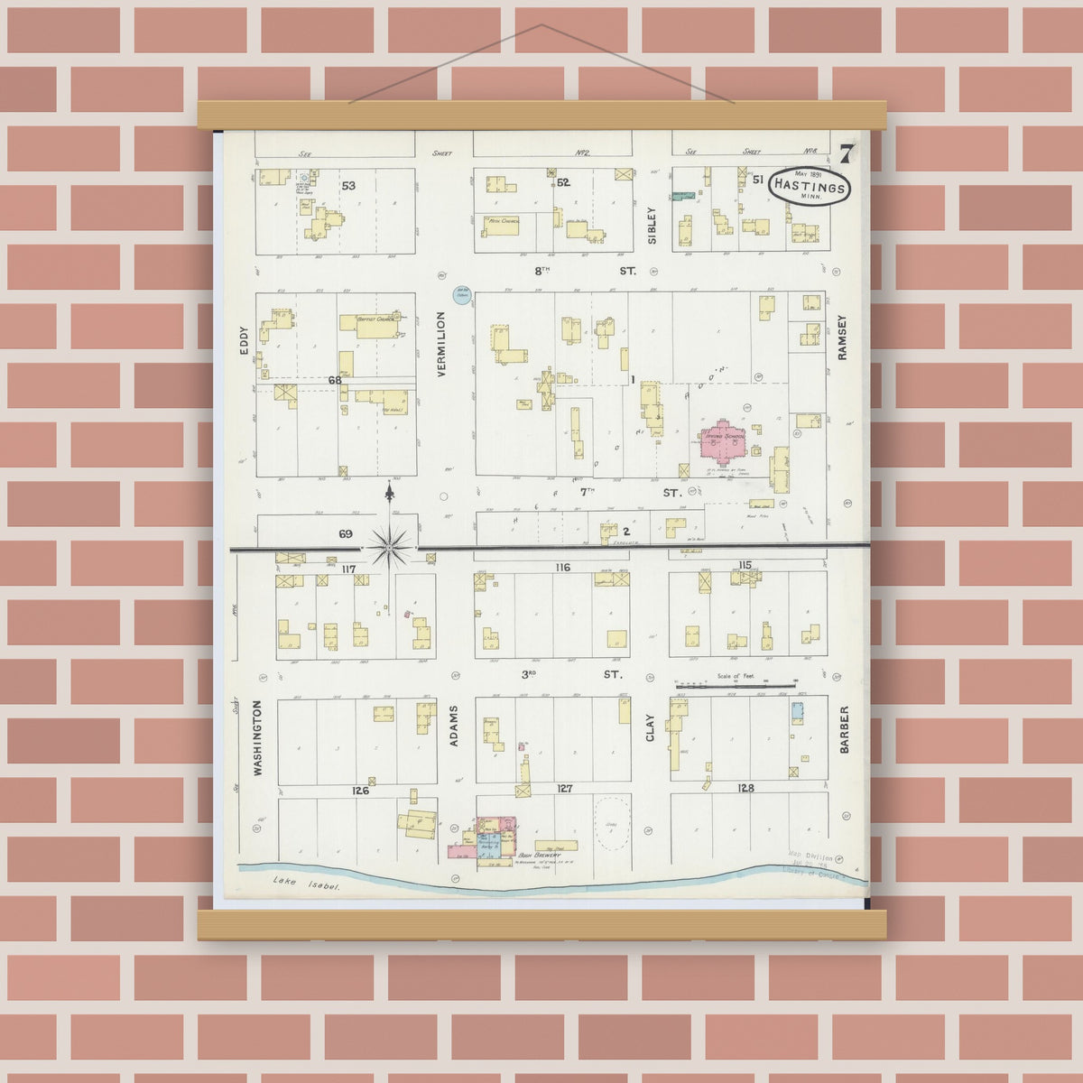 Old map wall art mockup — magnetic wood frame on brick wall — Sanborn Fire Insurance Map from Hastings, Dakota County, Minnesota (1891), Sheet #0007