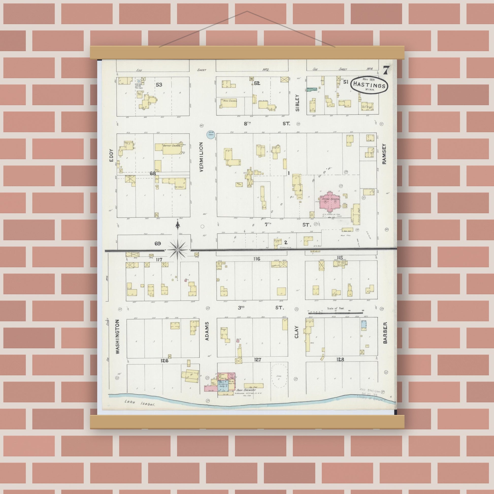 Old map wall art mockup — magnetic wood frame on brick wall — Sanborn Fire Insurance Map from Hastings, Dakota County, Minnesota (1891), Sheet #0007