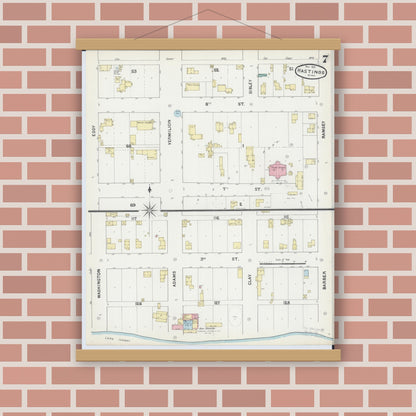 Old map wall art mockup — magnetic wood frame on brick wall — Sanborn Fire Insurance Map from Hastings, Dakota County, Minnesota (1891), Sheet #0007