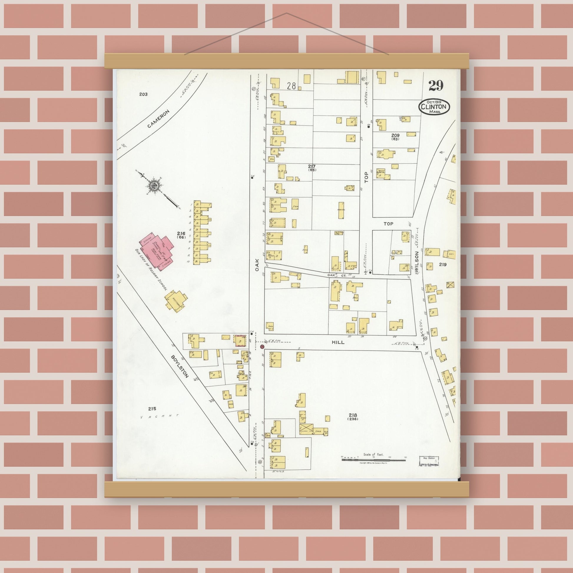 Old map wall art mockup — magnetic wood frame on brick wall — Sanborn Fire Insurance Map from Clinton, Worcester County, Massachusetts (1919), Sheet #0029
