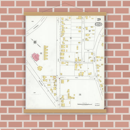 Old map wall art mockup — magnetic wood frame on brick wall — Sanborn Fire Insurance Map from Clinton, Worcester County, Massachusetts (1919), Sheet #0029