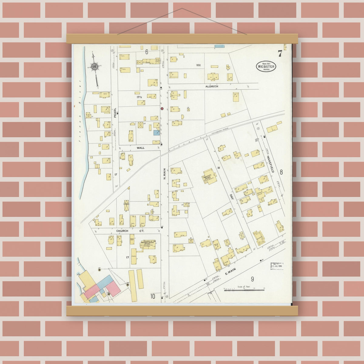 Old map wall art mockup — magnetic wood frame on brick wall — Sanborn Fire Insurance Map from Webster, Worcester County, Massachusetts (1911), Sheet #0007