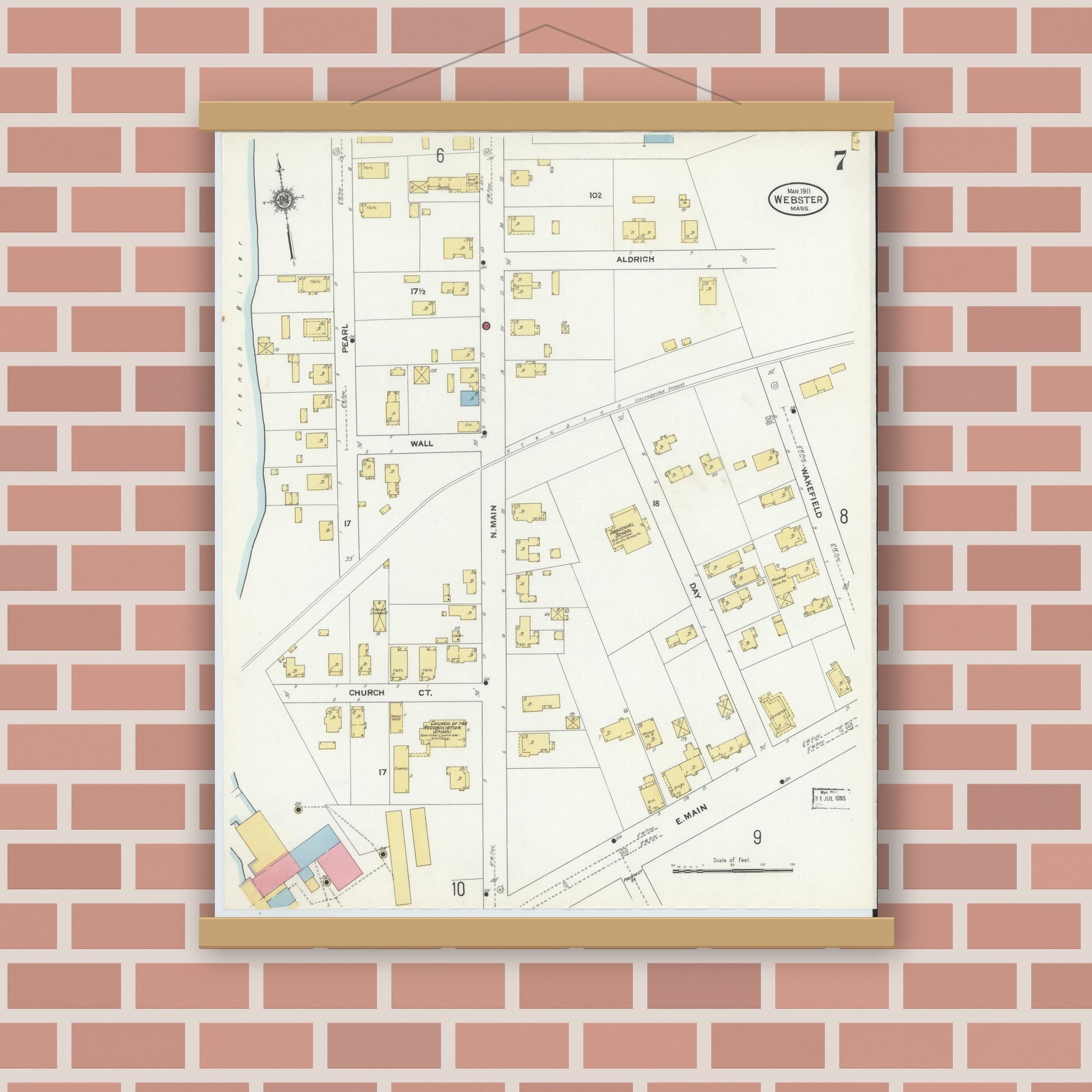 Old map wall art mockup — magnetic wood frame on brick wall — Sanborn Fire Insurance Map from Webster, Worcester County, Massachusetts (1911), Sheet #0007