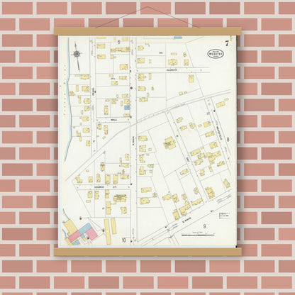 Old map wall art mockup — magnetic wood frame on brick wall — Sanborn Fire Insurance Map from Webster, Worcester County, Massachusetts (1911), Sheet #0007