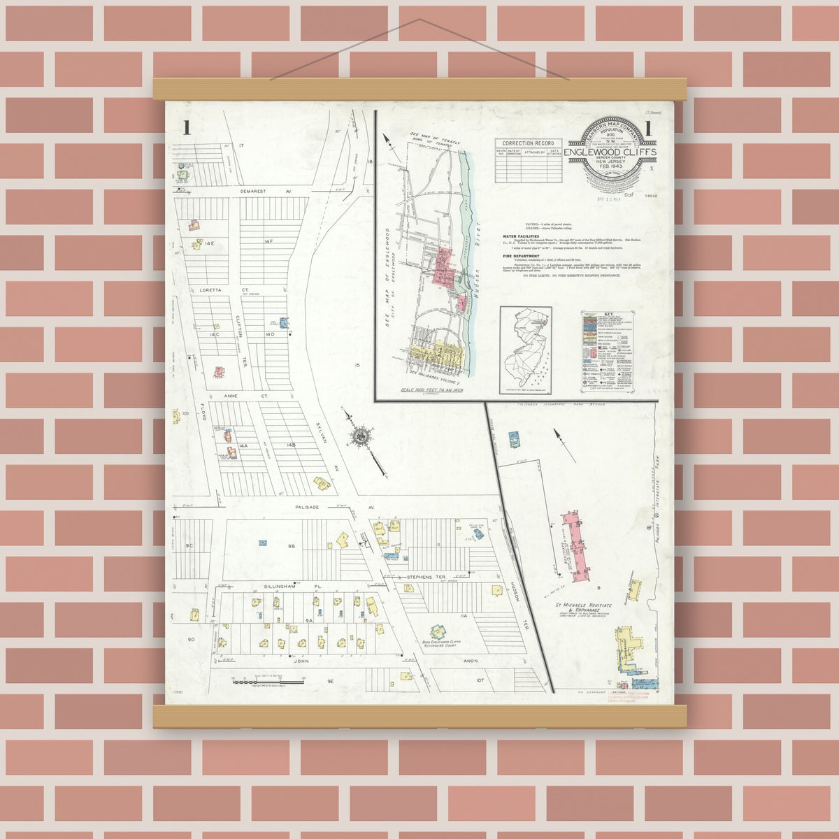 Old map wall art mockup — magnetic wood frame on brick wall — Sanborn Fire Insurance Map from Englewood Cliffs, Bergen County, New Jersey (1943), Sheet #0001