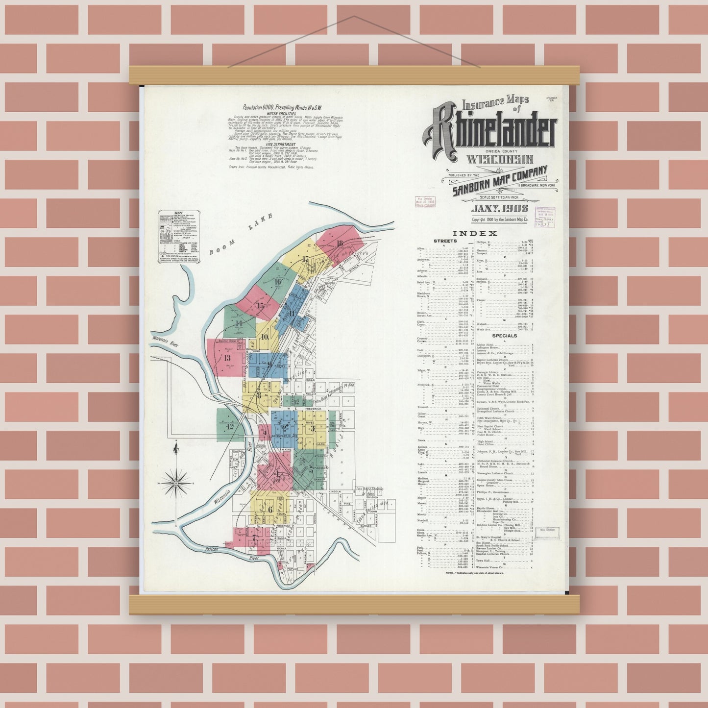 Old map wall art mockup — magnetic wood frame on brick wall — Sanborn Fire Insurance Map from Rhinelander, Oneida County, Wisconsin (1908) - Complete Map Set