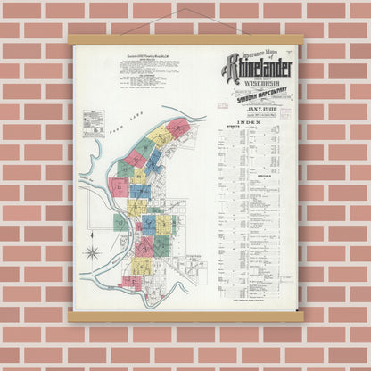 Old map wall art mockup — magnetic wood frame on brick wall — Sanborn Fire Insurance Map from Rhinelander, Oneida County, Wisconsin (1908) - Complete Map Set