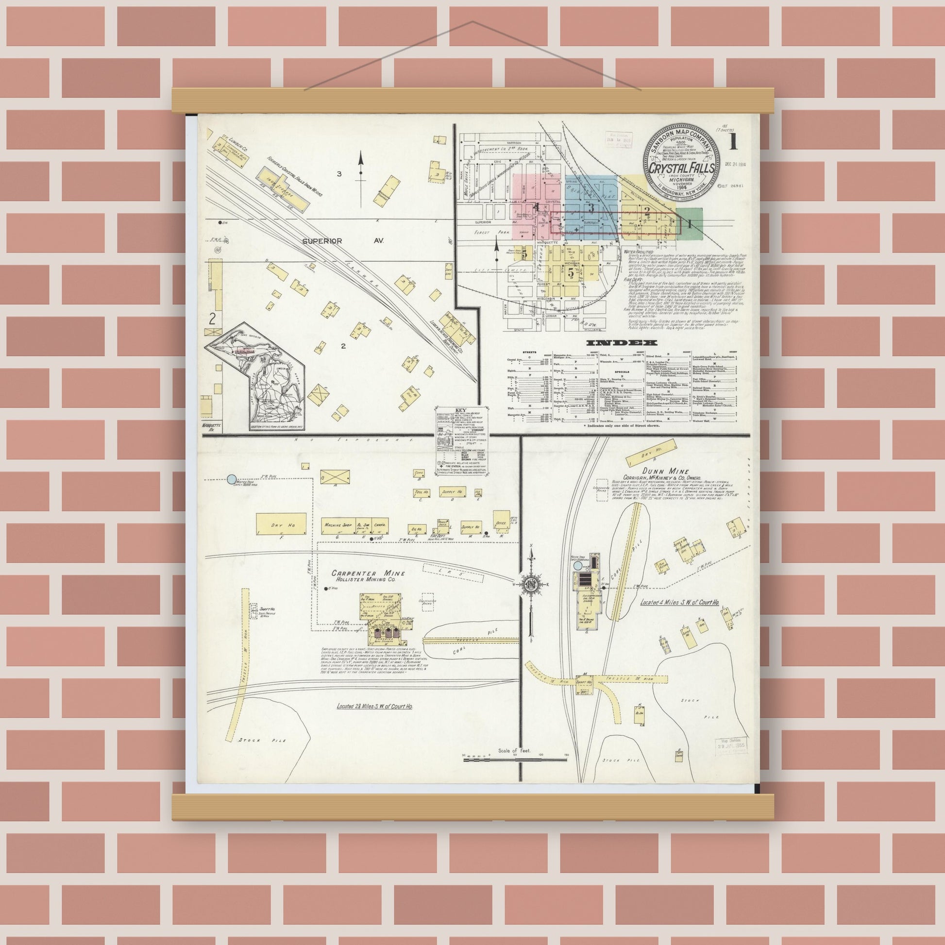 Old map wall art mockup — magnetic wood frame on brick wall — Sanborn Fire Insurance Map from Crystal Falls, Iron County, Michigan (1914) - Complete Map Set