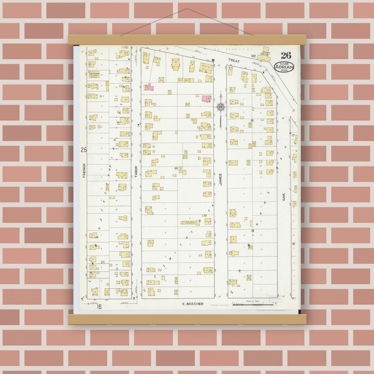 Old map wall art mockup — magnetic wood frame on brick wall — Sanborn Fire Insurance Map from Adrian, Lenawee County, Michigan (1916), Sheet #0026