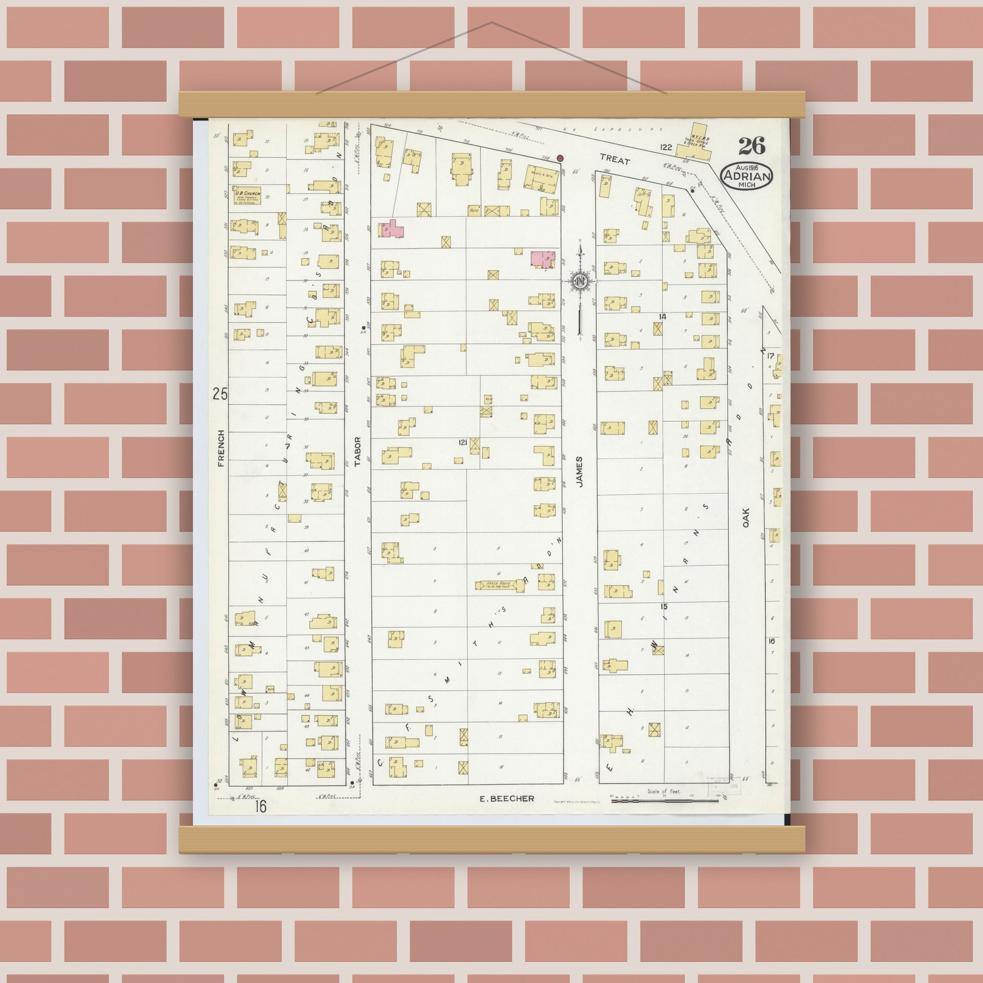 Old map wall art mockup — magnetic wood frame on brick wall — Sanborn Fire Insurance Map from Adrian, Lenawee County, Michigan (1916), Sheet #0026
