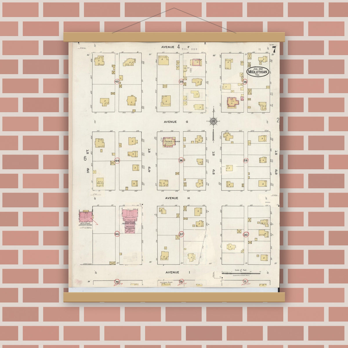 Old map wall art mockup — magnetic wood frame on brick wall — Sanborn Fire Insurance Map from Midlothian, Ellis County, Texas (1944), Sheet #0007