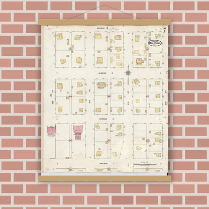 Old map wall art mockup — magnetic wood frame on brick wall — Sanborn Fire Insurance Map from Midlothian, Ellis County, Texas (1944), Sheet #0007