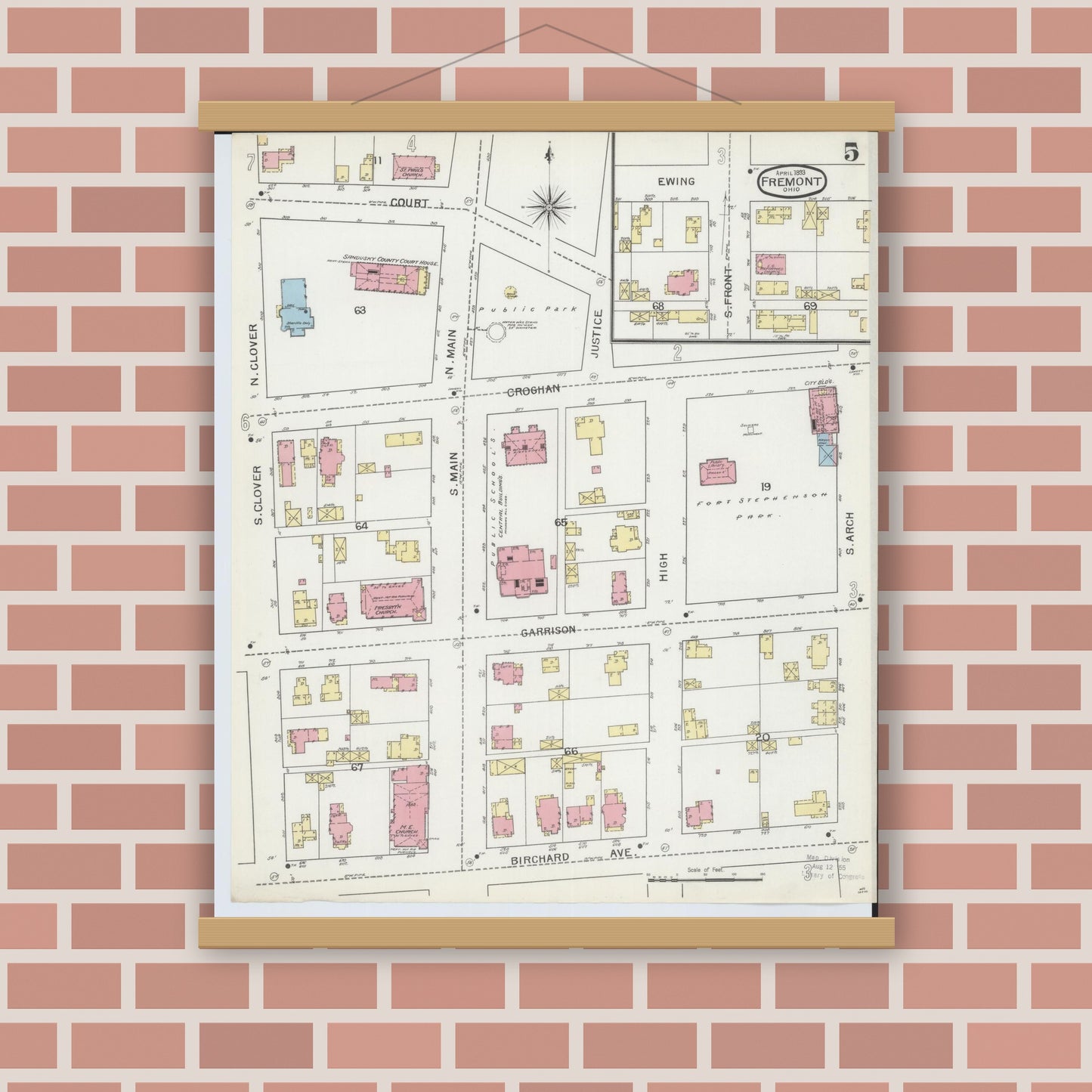 Old map wall art mockup — magnetic wood frame on brick wall — Sanborn Fire Insurance Map from Fremont, Sandusky County, Ohio (1893), Sheet #0005