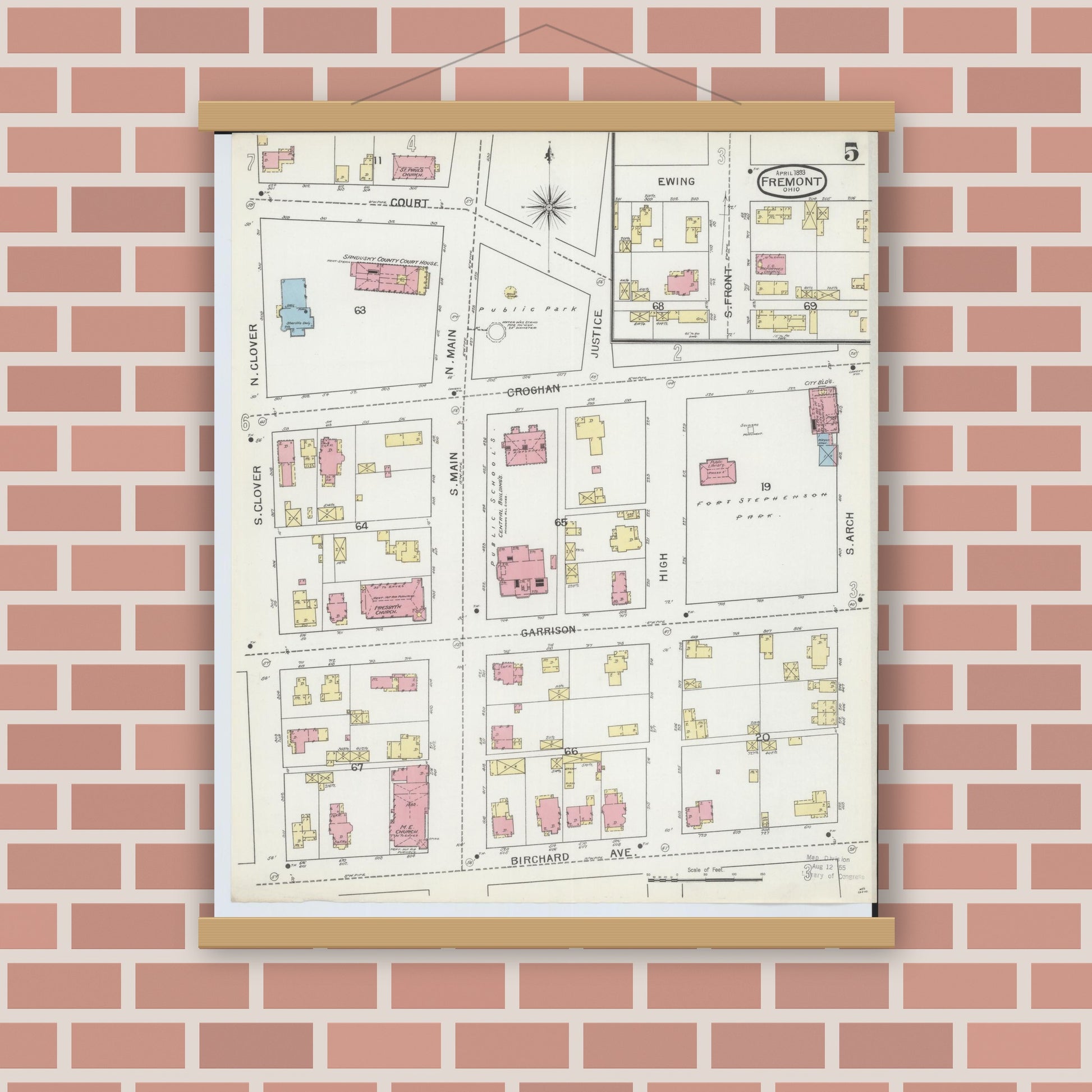 Old map wall art mockup — magnetic wood frame on brick wall — Sanborn Fire Insurance Map from Fremont, Sandusky County, Ohio (1893), Sheet #0005