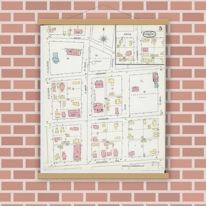 Old map wall art mockup — magnetic wood frame on brick wall — Sanborn Fire Insurance Map from Fremont, Sandusky County, Ohio (1893), Sheet #0005
