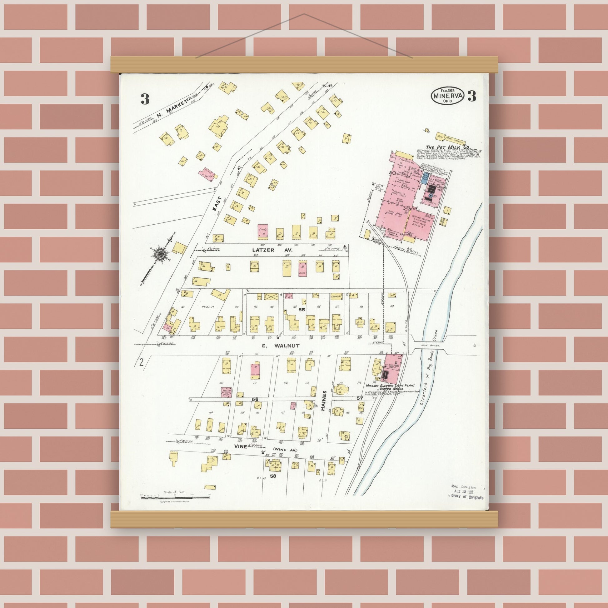 Old map wall art mockup — magnetic wood frame on brick wall — Sanborn Fire Insurance Map from Minerva, Stark And Carroll Counties, Ohio (1925), Sheet #0003