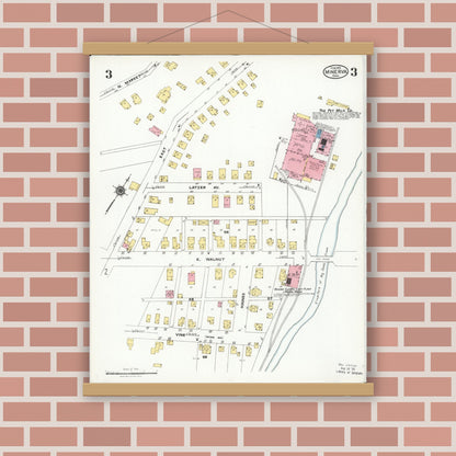 Old map wall art mockup — magnetic wood frame on brick wall — Sanborn Fire Insurance Map from Minerva, Stark And Carroll Counties, Ohio (1925), Sheet #0003