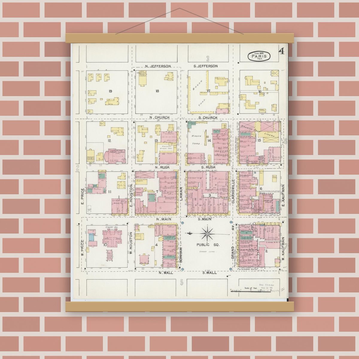 Old map wall art mockup — magnetic wood frame on brick wall — Sanborn Fire Insurance Map from Paris, Lamar County, Texas (1892), Sheet #0004