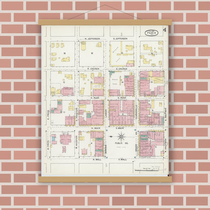 Old map wall art mockup — magnetic wood frame on brick wall — Sanborn Fire Insurance Map from Paris, Lamar County, Texas (1892), Sheet #0004