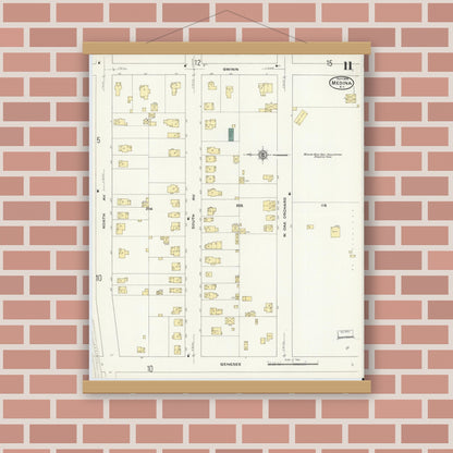 Old map wall art mockup — magnetic wood frame on brick wall — Sanborn Fire Insurance Map from Medina, Orleans County, New York (1909), Sheet #0011